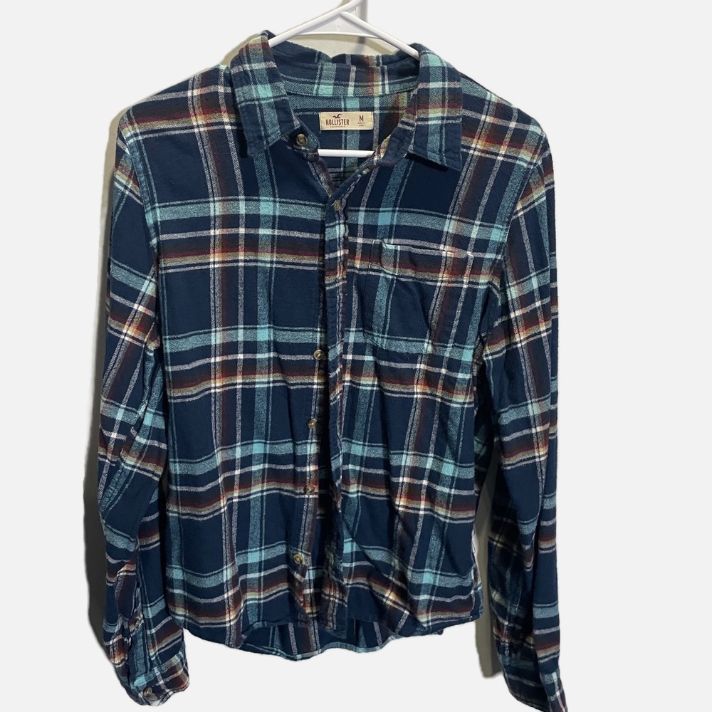 Hollister Womens Plaid Flannel Shirt Navy Blue Teal Button Down‎ Long Sleeve M